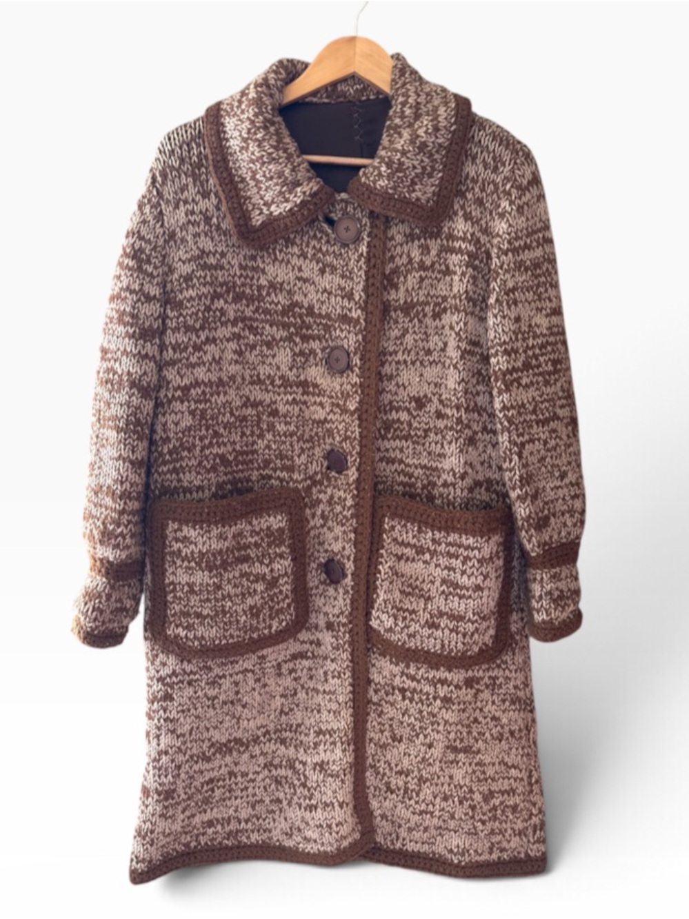 HANDMADE BY GRANNY Marled Knit Brown/Beige Overcoat Sz M Button Front
Collared S